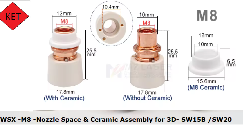 WSX M8 Nozzle Spacer and Ceramic for 3D Heads SW15B & SW20_1